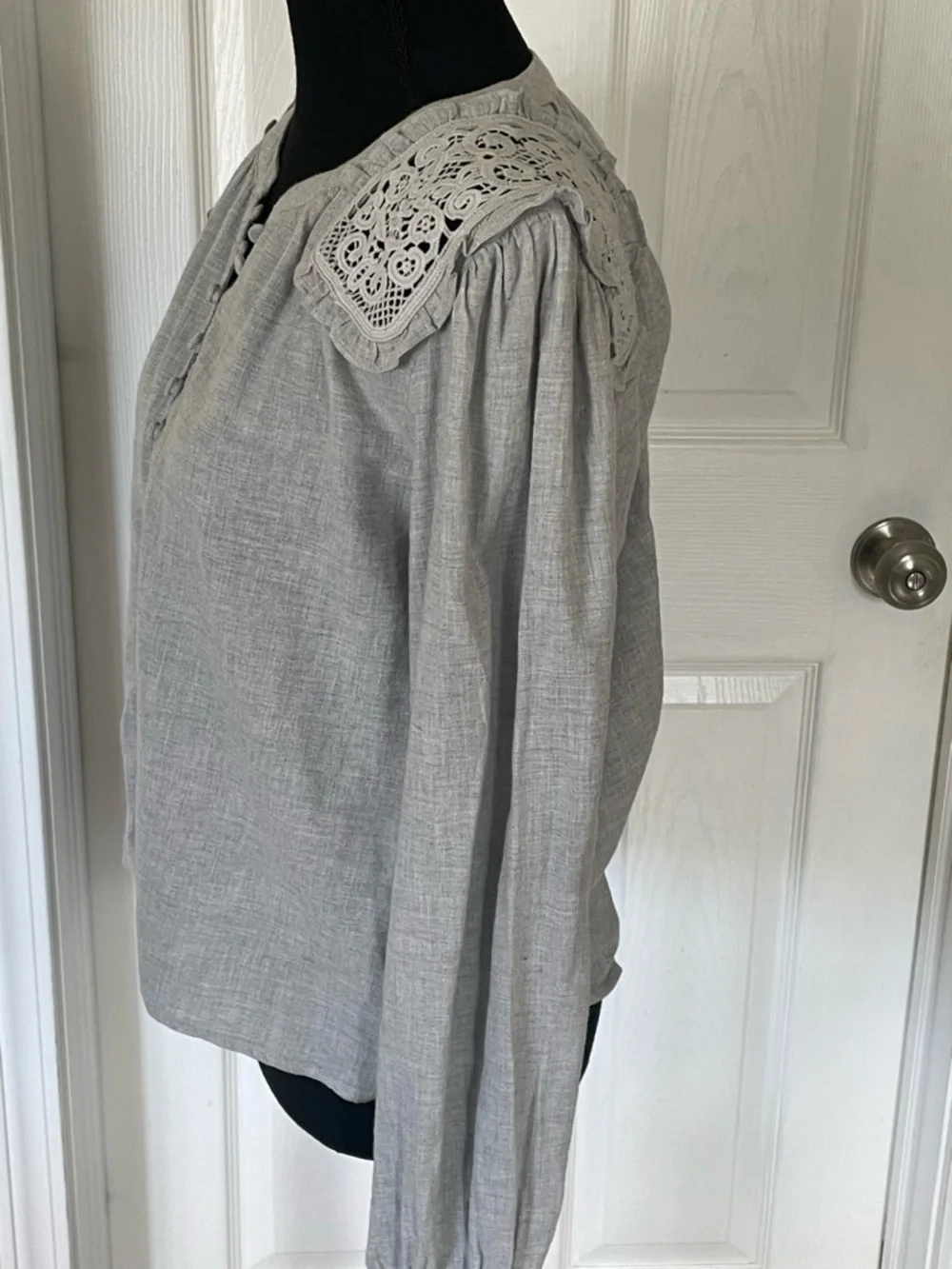 LOFT Light Grayish green Button Placket Top with Crochet Shoulder Panels - Picture 4 of 6